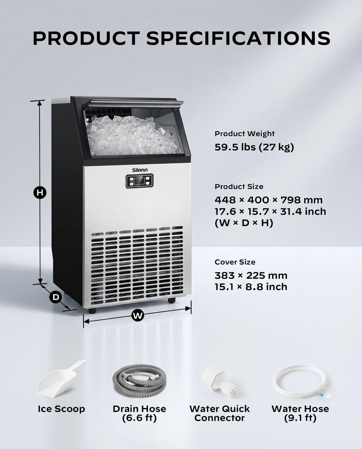 Silonn Commercial Ice Maker Machine, 100lbs Daily Output & 33lbs Storage, Compact Stainless Steel Ice Machine with Auto-Cleaning for Home Office Bar Parties
