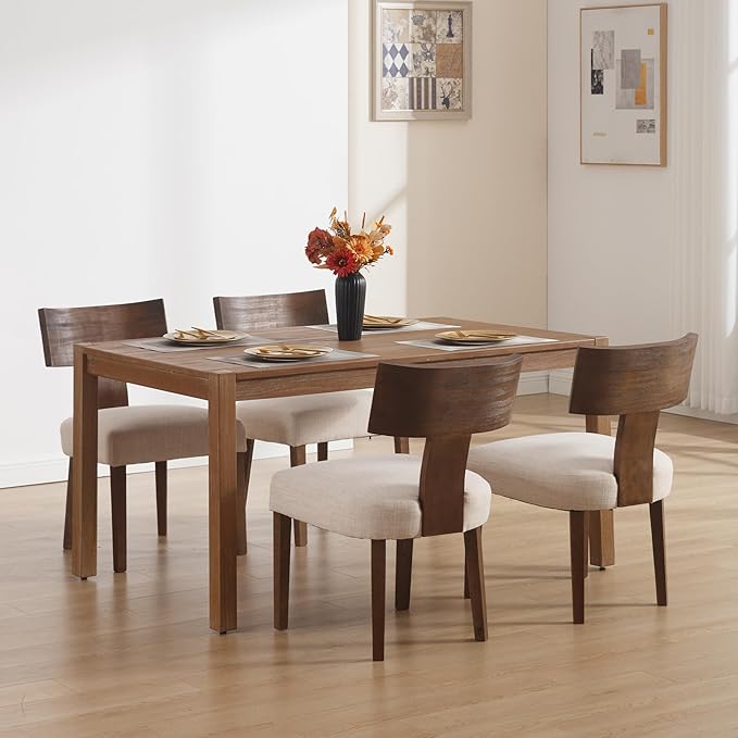 DM Furniture Farmhouse Kitchen Table Chairs Set of 4, Linen Fabric Upholstered Dining Room Chairs with Wooden Legs, Comfy Armless Dining Room Side Chair with Backrest, Beige-Dark Brown Legs