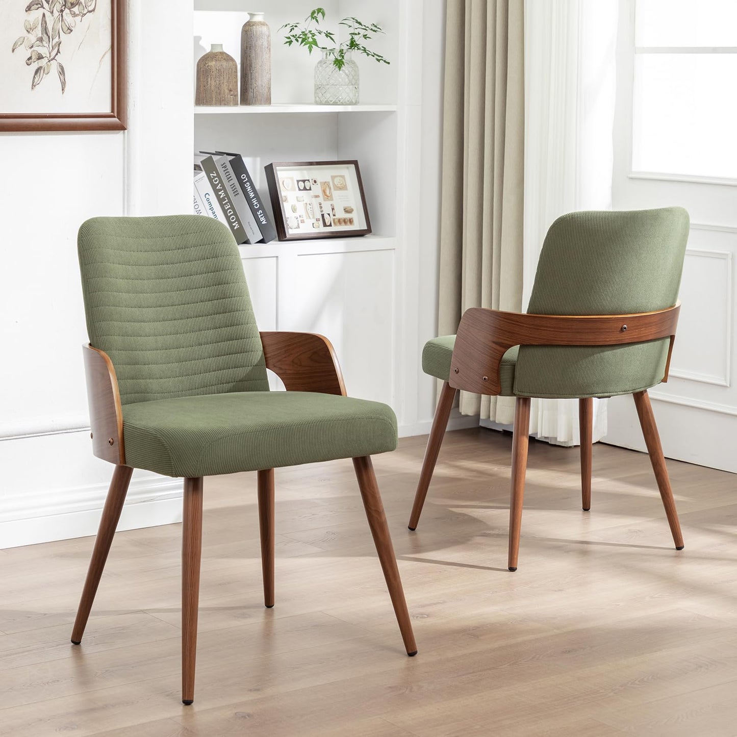 YOUUGIOR Dining Room Chairs Set of 2,Mid Century Modern Kitchen Chairs,Green Corduroy Fabric Upholstered Accent Chairs,Metal Legs Wooden Desk Chairs,Armless and No Wheels for Kitchen Dining Room