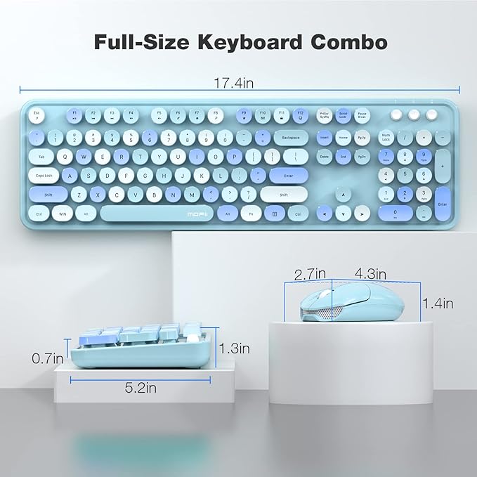MOFII Wireless Keyboard and Mouse Combo, Blue Colorful Round Key Typewriter Keyboards, 2.4GHz Full Size Keyboard Computer Mice, USB Receiver Plug and Play, for Laptop, PC, Chromebook, Smart TV