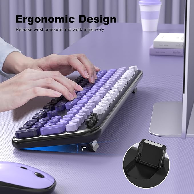 Wireless Keyboard Mouse Combo, Typewriter Full Size Keyboard and 2 in 1 USB Connected Mouse for Windows 7/8/10, Laptop, Desktop, PC, Computer (Black Purple)