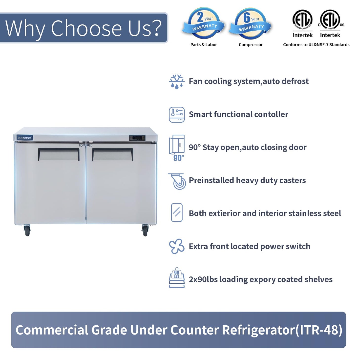 ICECASA 48" W Commercial Refrigerator Worktop Undercounter Refrigerator 2 Door Stainless Steel Counter Fan Cooling Refrigerator 13 Cu.ft for Restaurant, Bar, Shop, etc