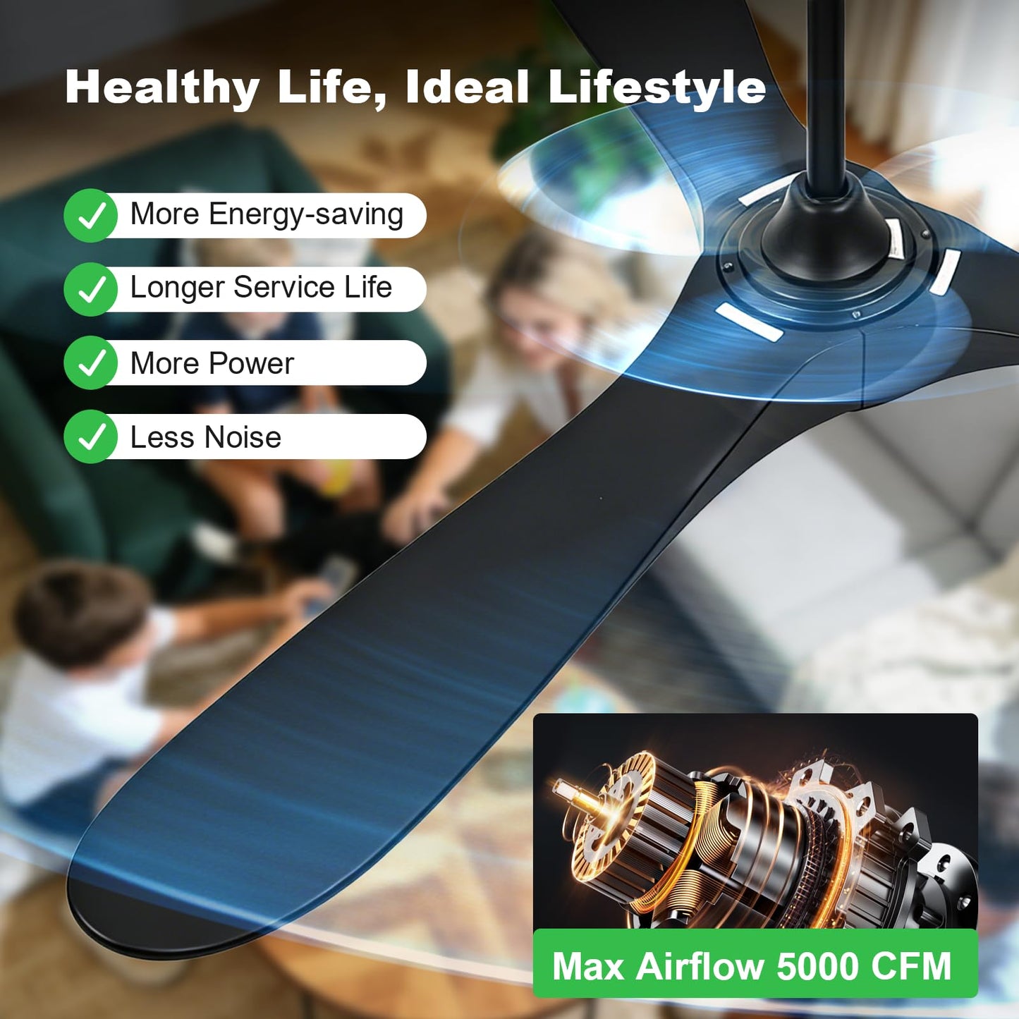 Mosanfan 52 Inch Ceiling Fans with Lights and Remote, Wood Outdoor Ceiling Fan with 6 Speed Noiseless DC Motor, Indoor Modern 3 Blade Propeller Ceiling Fan for Bedroom Living Room Gazebo Patio (Black)