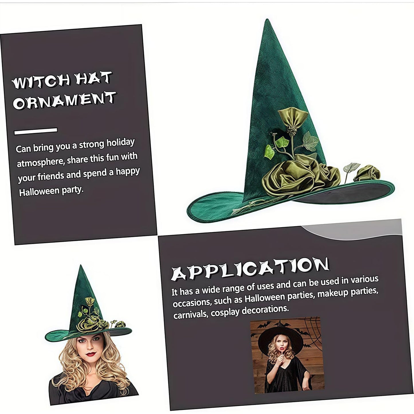 Pvoiue Witch Hat Green Detachable Witch Headband Hat Costume Accessories for Women Halloween Party Elvet Elegant Hats with Vine And Flowe Designs 16.9''x14.9'', 1Pcs