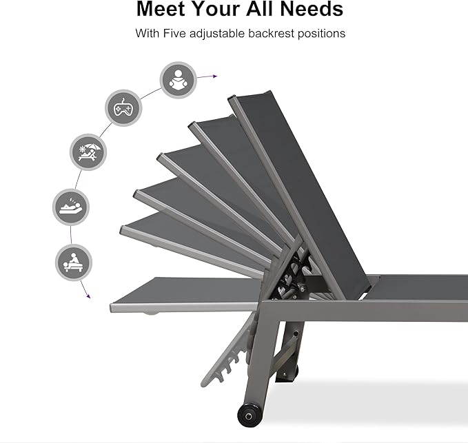 PURPLE LEAF Outdoor Chaise Lounge Set for 2 Oversized Pool Lounge Chairs with Easy-to-Move Wheels and Adjustable Backrest Extra Large Patio Loungers for Poolside Deck Beach Yard Table Included, Grey