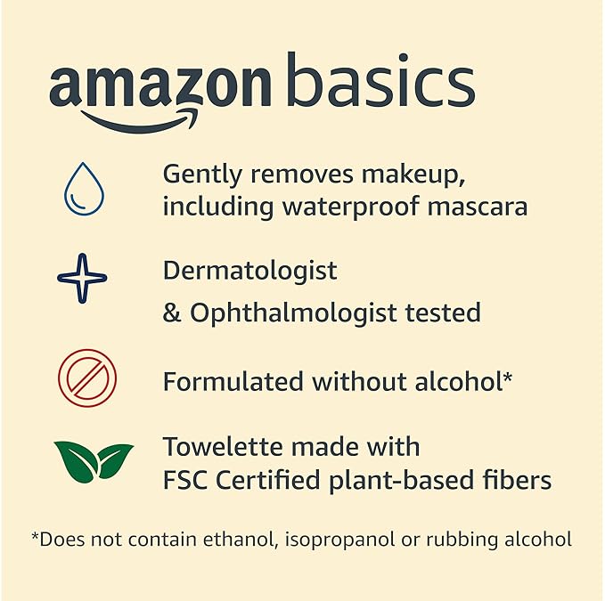 Amazon Basics Makeup Remover Wipes, Gentle Cleansing, Dermatologist Tested, Original, Plant Based, Alcohol-Free, Removes Waterproof Mascara, 25 Count Per Pack, Pack of 2