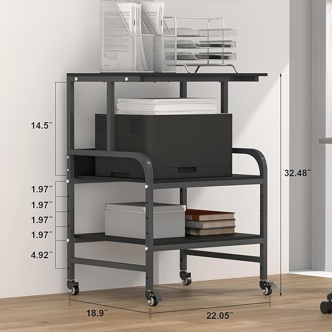 STEELIST Black Printer Stand, Large Printer Table with Wheels, 32.48 X 22.05 X 18.9 Home Office Rolling Stand with Adjustable Shelf, Heavy Duty Printer Cart for Scanner, Fax, Black Ebony