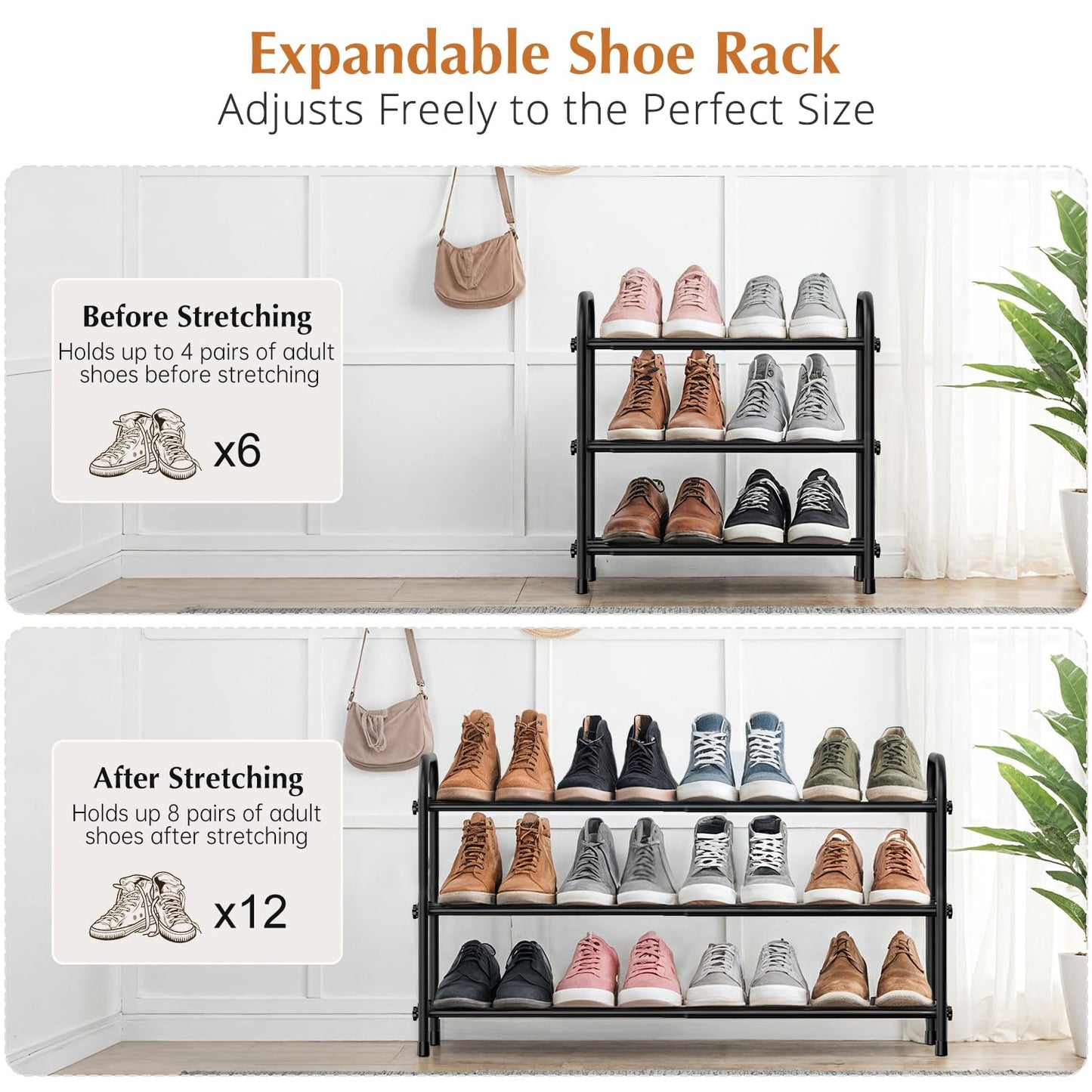 INSMART 3-Tier Expandable Shoe Rack, Stackable and Adjustable Shoes Organizer Storage Shelf, Sturdy and Durable Metal Structure Free Standing Shoe Rack for Closet Entryway Doorway
