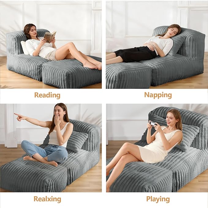 Giant Bean Bag Lounger Sofa with Pillow, Large Beanbag Chair for Adults, Oversized Comfy Beanbag Lazy Floor Sofa, Bean Bag Couch with Memory Foam Filled for Living Room, Bedroom, Gray