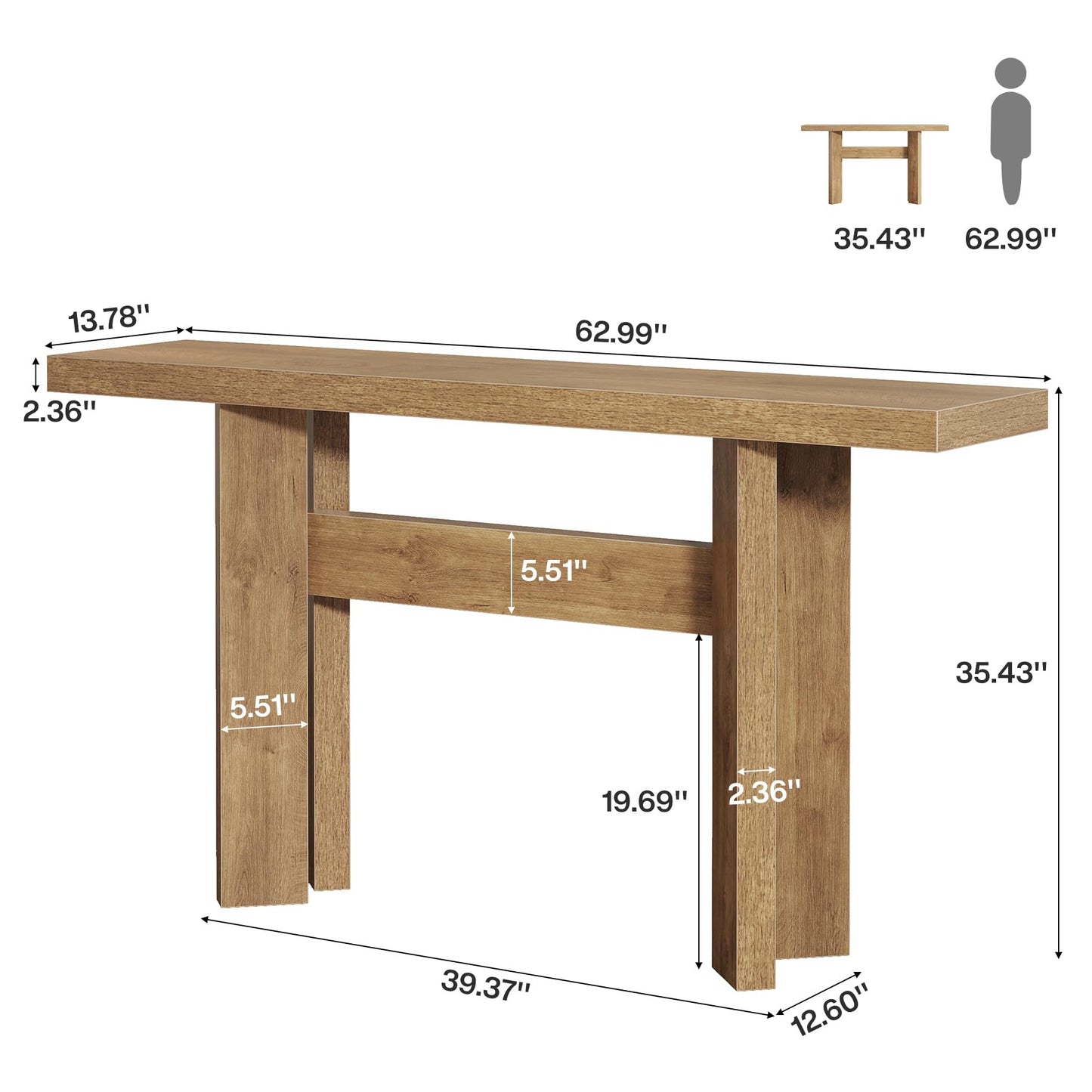 Tribesigns 63-Inch Farmhouse Console Table, Long Wooden Sofa Table Behind Couch with H-Shaped Frame for Entryway, Foyer, Hallway, Living Room, Easy Assembly, Brown