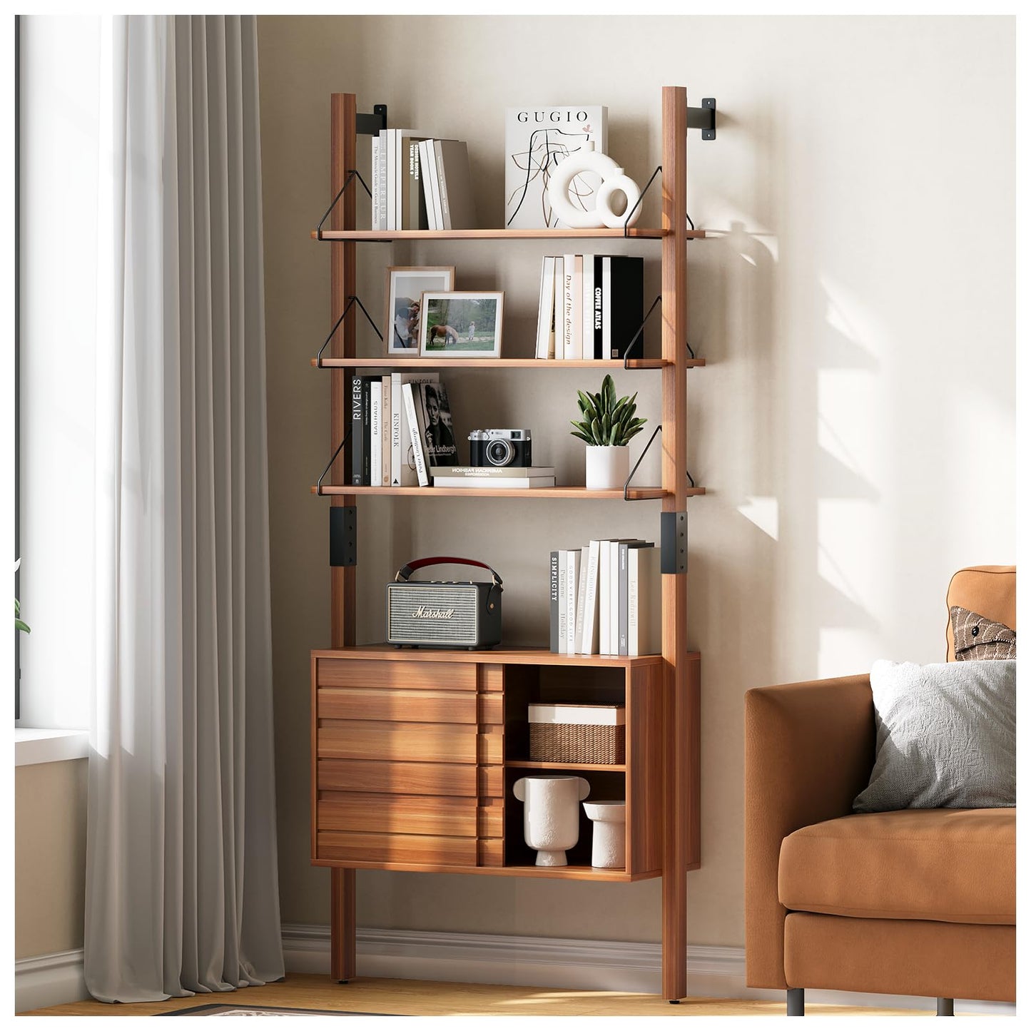 JOINICE, Ladder Bookshelf with Storage Cabinet, Mid Century Modern Bookcase, Wall Mounted Bookshelf with Wood and Metal Frame, 6 Tier Open Display Rack for Living Room, Bedroom, Home Office, Cherry
