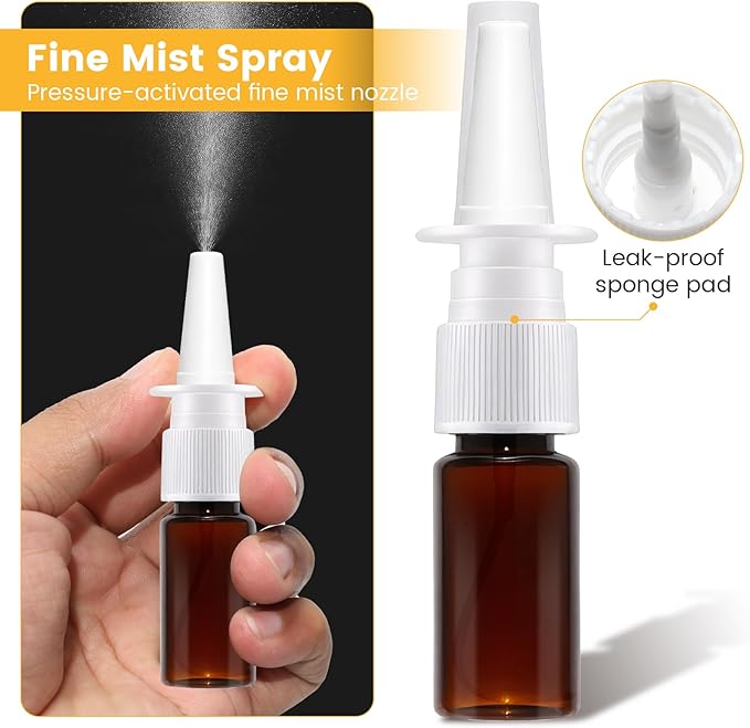 14-Pack 3.4oz Empty Nasal Spray Bottles, 0.125mL per Spray, Leak-Proof Travel-Sized Refillable Plastic Spray Bottle with Protective Cap for Saline Solution & Essential Oils (Brown)