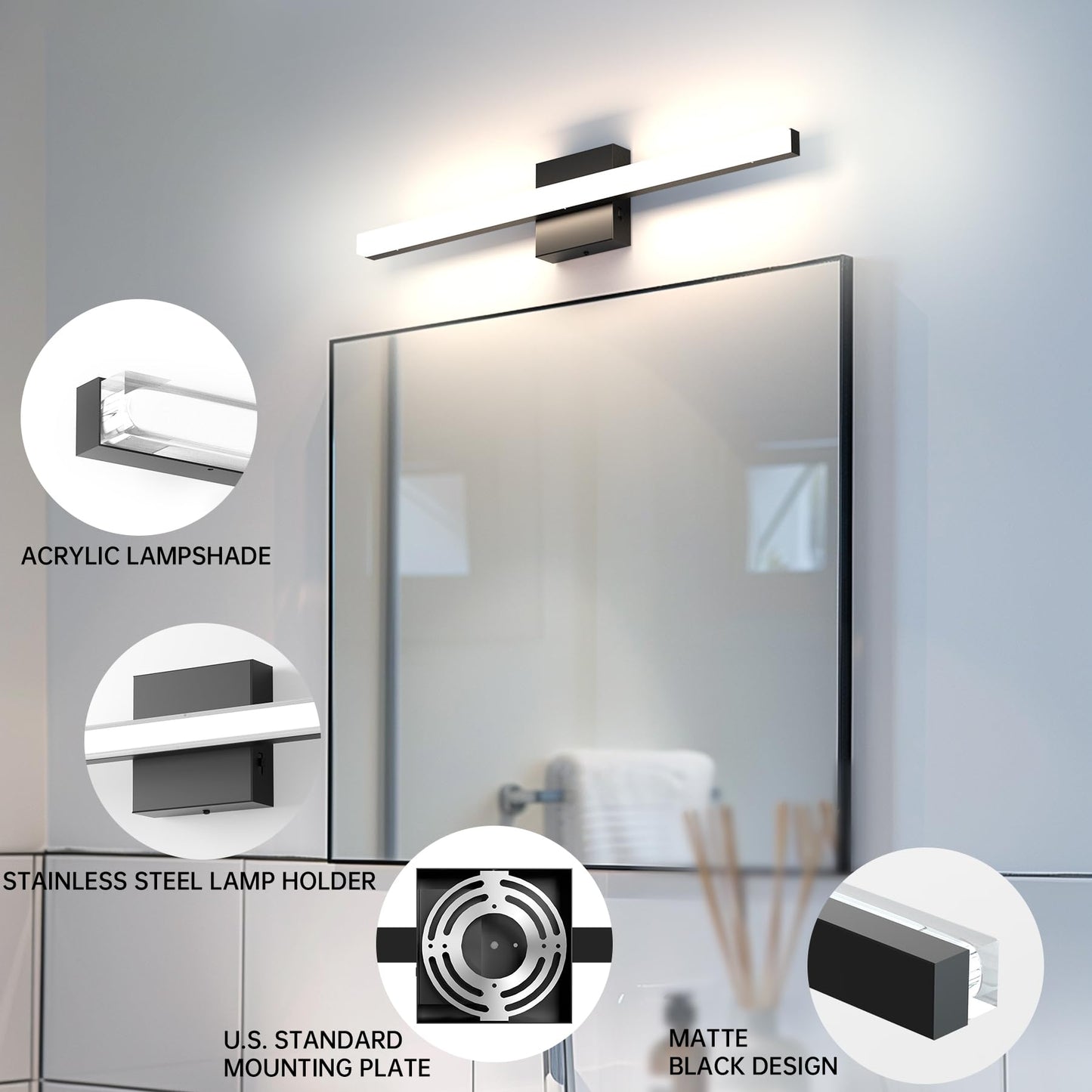 Aourow Modern Bathroom Vanity Lights 20W 2000lm 23.6in,Dimmable 5CCT LED Vanity Lighting Fixture Over Mirror,IP44 Wall Mounting Mirror Light Bar for Bathroom Cabinet(Matte Black)