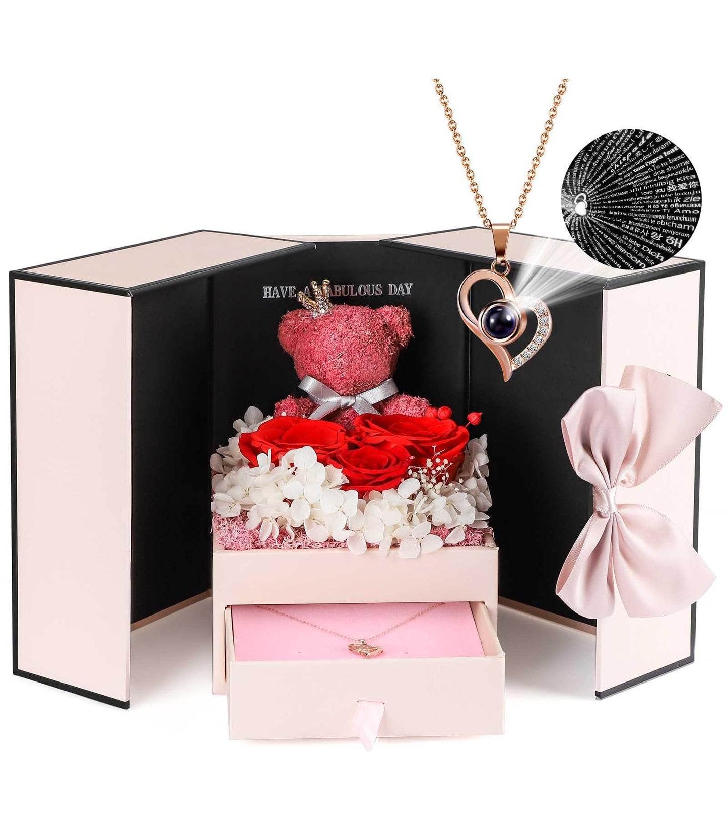 ADDWel Rose Gifts for Women - Preserved Real Roses Forever Red Flowers with I Love You in 100 Languages Necklace and Cute Moss Bear for Girlfriend Wife Mom Grandma on Birthdays, Anniversaries