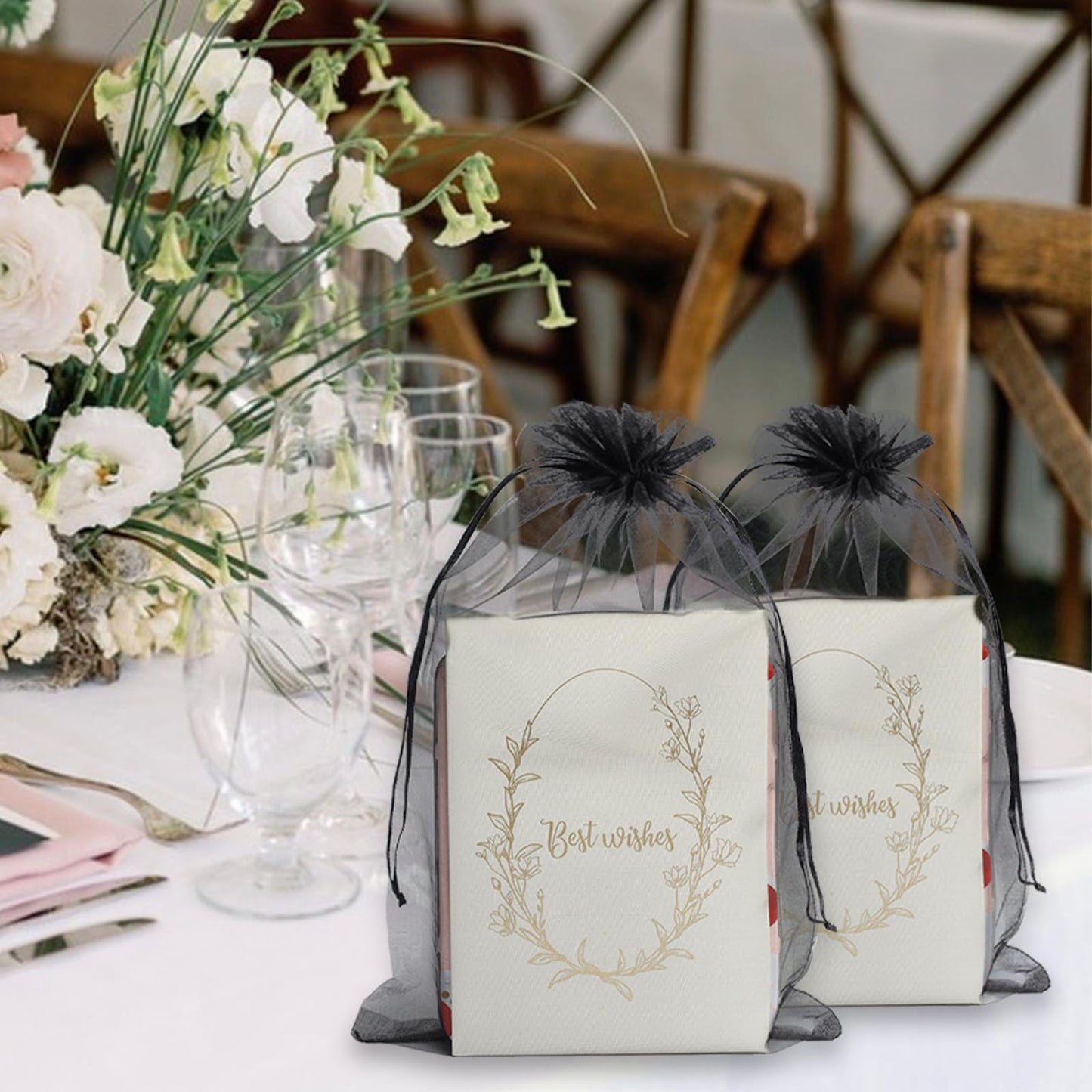 Uigidori 100 Pcs Premium Organza Bags, 8 x 12 Inches Sheer Organza Gift Pouches with Drawstring, Large Mesh Favor Bags for Wedding Favors, Party, Jewelry, Christmas, Makeup Wrapping Supplies (Black)