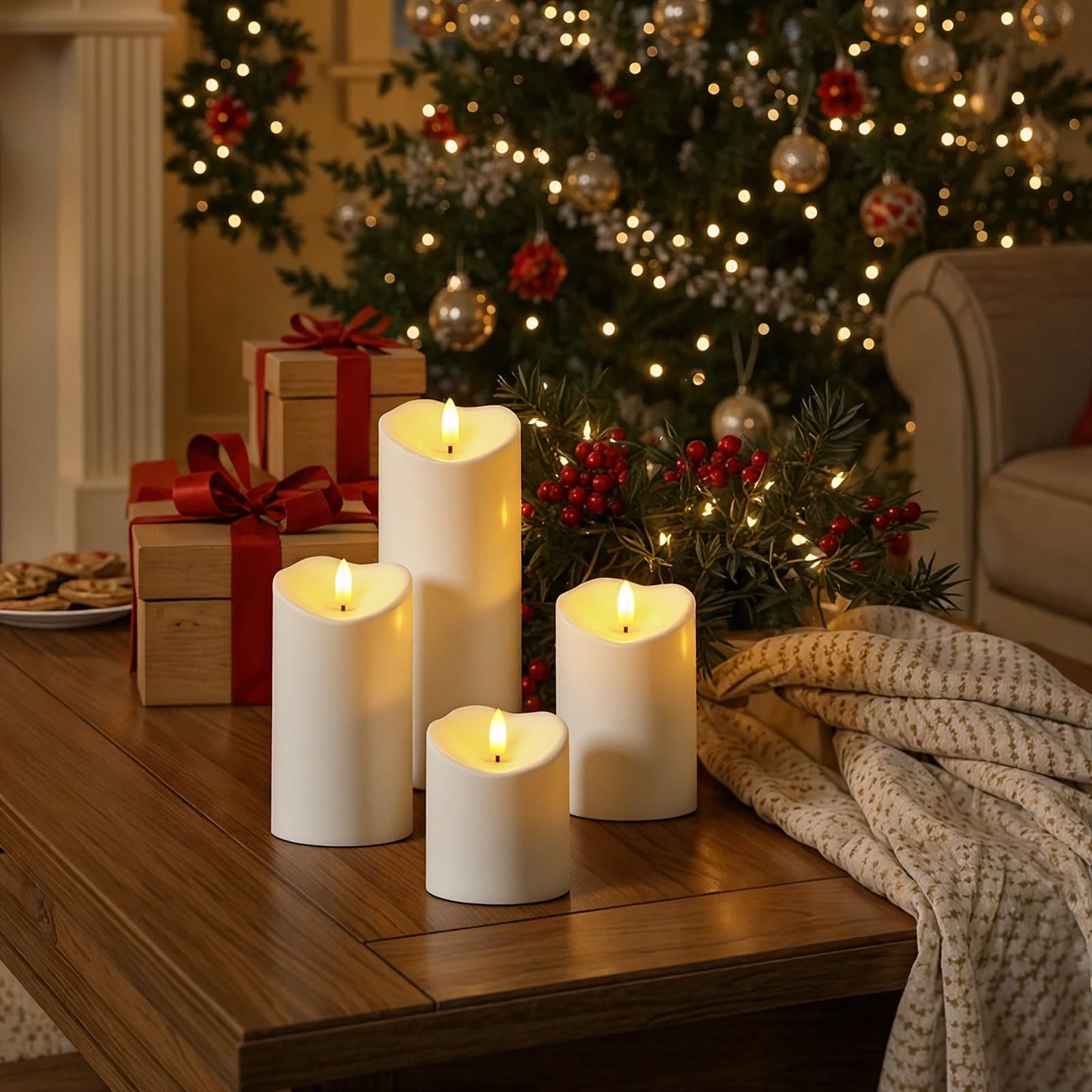 Raycare 3"x4"6" 8" Outdoor Waterproof Flameless Candles, Battery Operated LED Candles with Remote Control and Timer, Electric Fake Plastic Pillar Candles, Ivory White, Set of 3