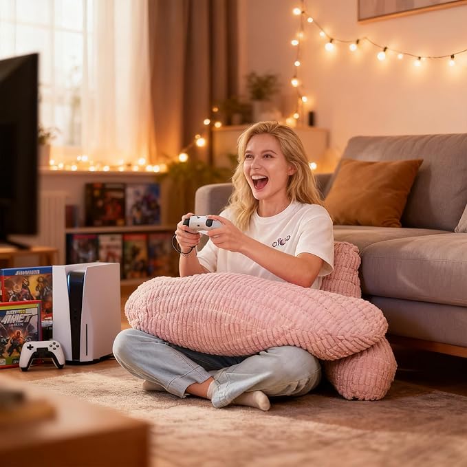PAJEO Back Pillow for Bed Sitting Up,U Shaped & Back Support Pillow for Bed,17" Backrest with Lumbar & Arm Support,Comfy Corduroy Fabric,Lap Pillow for Gaming/Reading/Watching TV,Pink