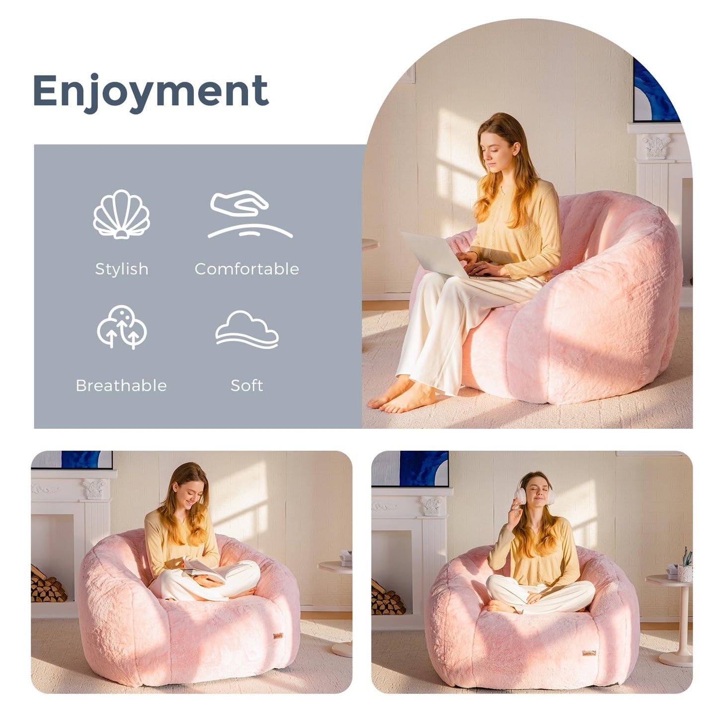 MAXYOYO Giant Bean Bag Chair, Oversized Bean Bag Couch for Adults and Kids, Faux Fur Shell-Shaped Large Chair with Filler, Stuffed Big Accent Sofa Lounge Floor Sofa for Gaming, Reading, Pink
