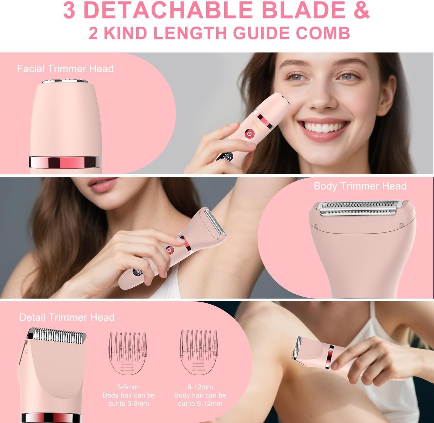 Scttomon 3-in-1 Electric Razor IPX7 Waterproof Bikini Trimmer Wet & Dry Use Painless Personal Trimmer Groomer for Ladies Face Bo