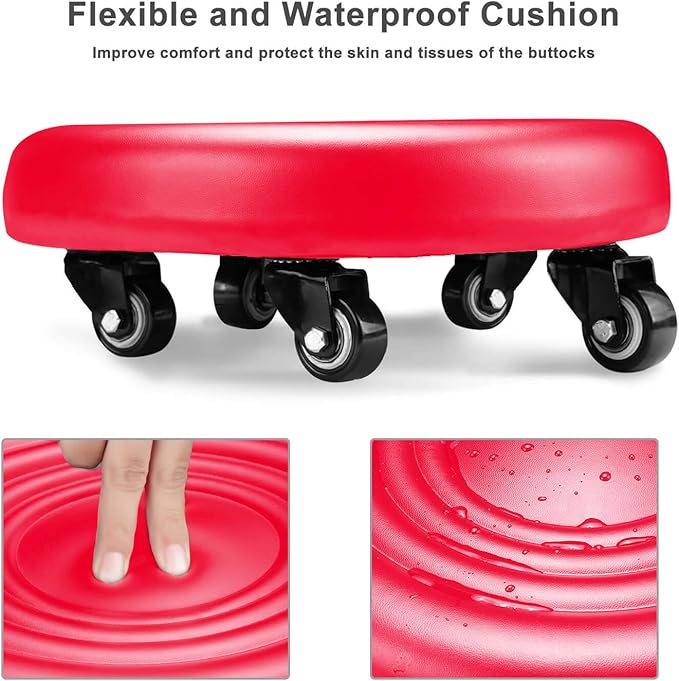 IMMER LIEBEN Low Rolling Stool with Wheels Low to Ground Roller Seat with 5 Universal Swivel Caster Wheels for Home Office Garage Shop Stools PU Leather High Density Cushion and Steel Red