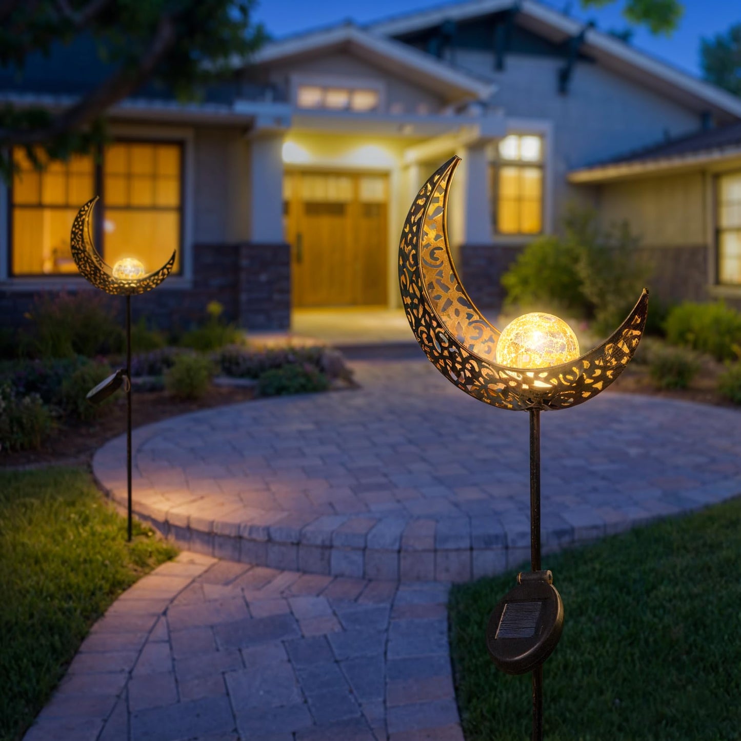 2Pack Moon Garden Solar Lights Outdoor Stakes Waterproof, Gifts for Mom, Crackle Glass Halloween Backyard Decor Balcony Lawn Ornaments, for Women Men Grandma (Bronze)