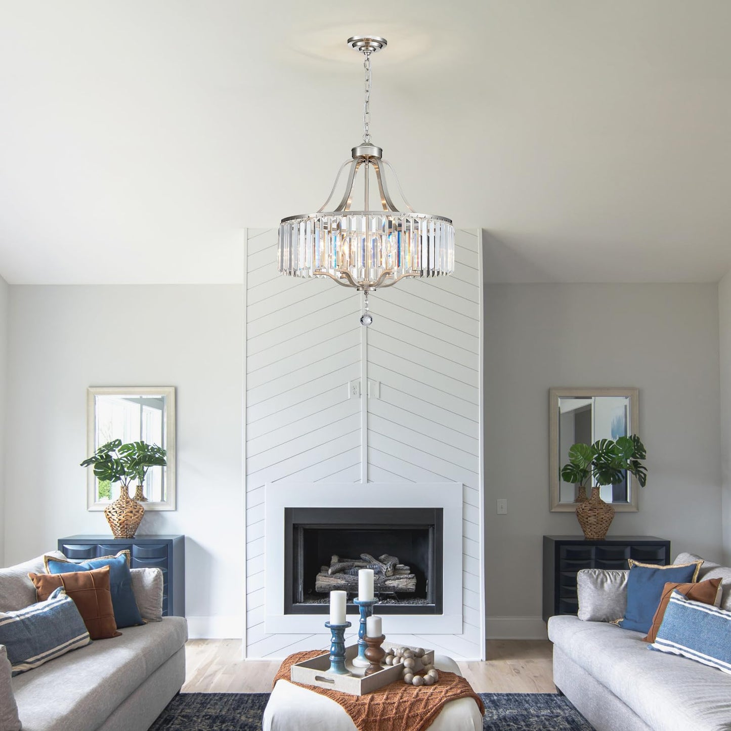 peskoe Modern Crystal Chandeliers Round 6-Light Large Brushed Nickel Pendant Lighting Fixture for Dining Room Living Room Kitchen Island Bedroom Hallway 21.7" Adjustable Height Hanging Lamp