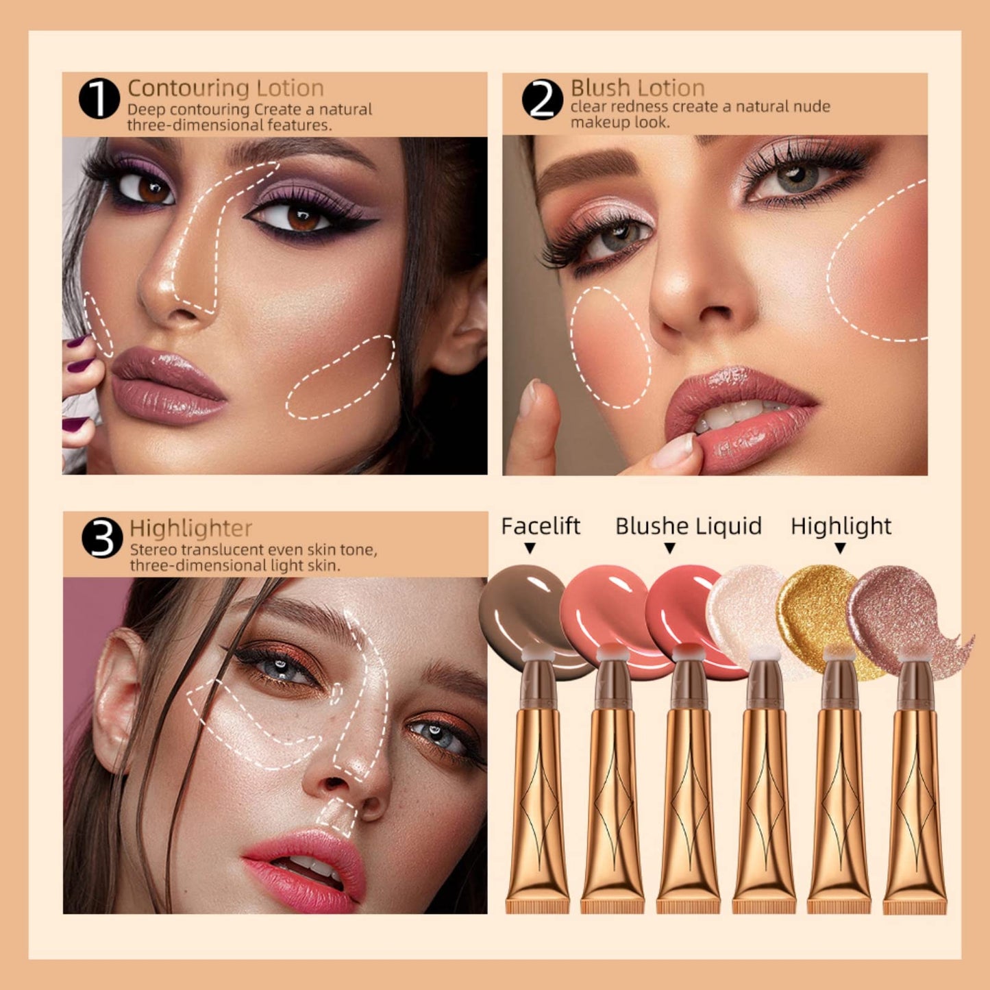 Ofanyia Blush Contour Highlighter Wand, Liquid Face Blush Highlighter Contour Stick with Cushion Applicator, Cruelty-free Silky