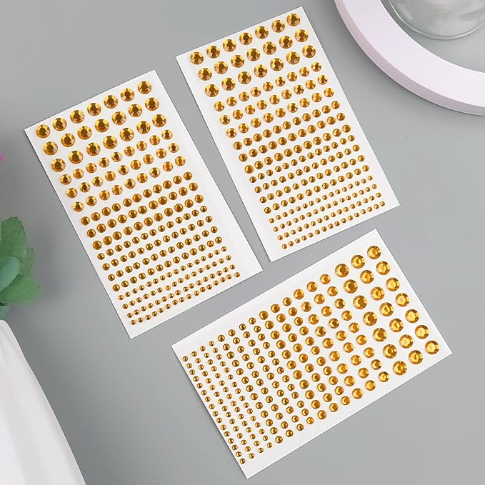 591pcs Face Gems Hair Gems Pearls, Self-Adhesive Face Jewels Eye Rhinestones 3/4/5/6/8 mm Face Gem Stick on, Halloween Makeup Gems Rave Accessories for Face Eyes Body Makeup (12.Gold)