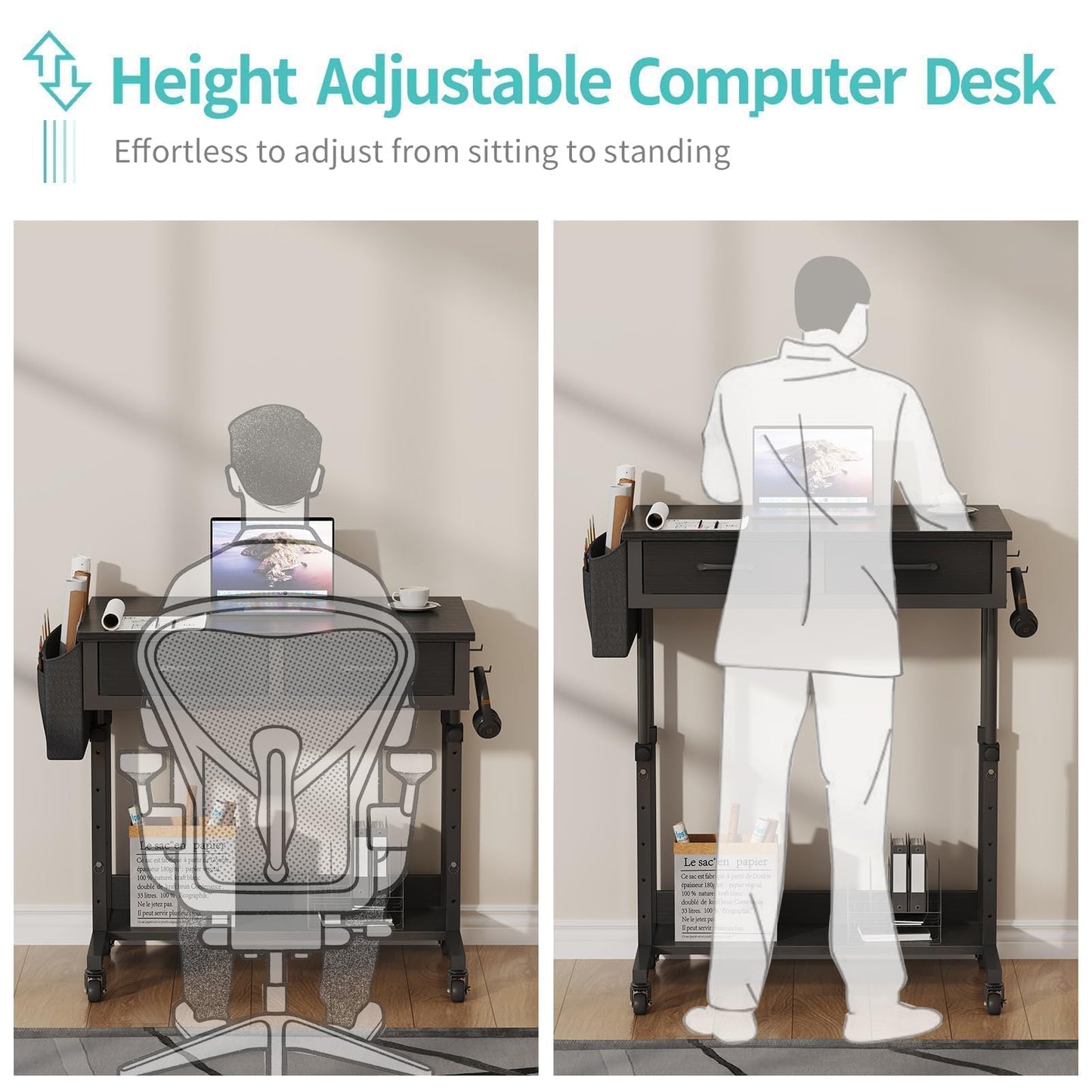 Small Portable Rolling Standing Desk - 32 Inch Adjustable Mobile Stand Up Teacher Desks with 2 Fabric Drawers on Wheels for Classroom, Couch Sofa Side Laptop Table with Storage for Home Office, Black