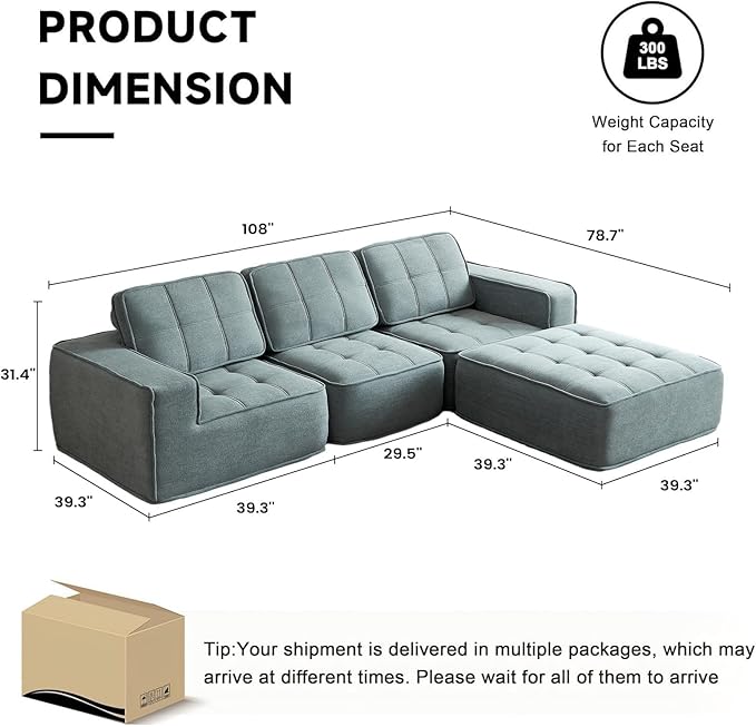 108" Boneless sectional Couch for Living Room,Convertible L-Shape Fleece Couches with Ottoman, Cloud Modular Sofa with Deep Seat for Bedroom, No Assembly, Grey