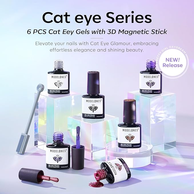 Modelones Cat Eye Gel Nail Polish Set, 6 Colors Fall Winter 9D Glassy Cat Eye Glitter Gel Polish Black Red Purple Blue Silver Brown Nail Polish with Magnet Soak Off LED DIY Salon Gift