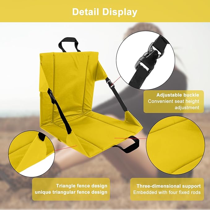 LynsaTac Folding Stadium Seat Cushion with Backrest, Portable Bleacher Pad for Camping, Fishing,15.8'' x 16.5'',Lightweight Chair with Backrest for Outdoor Sports and Concerts (Yellow)
