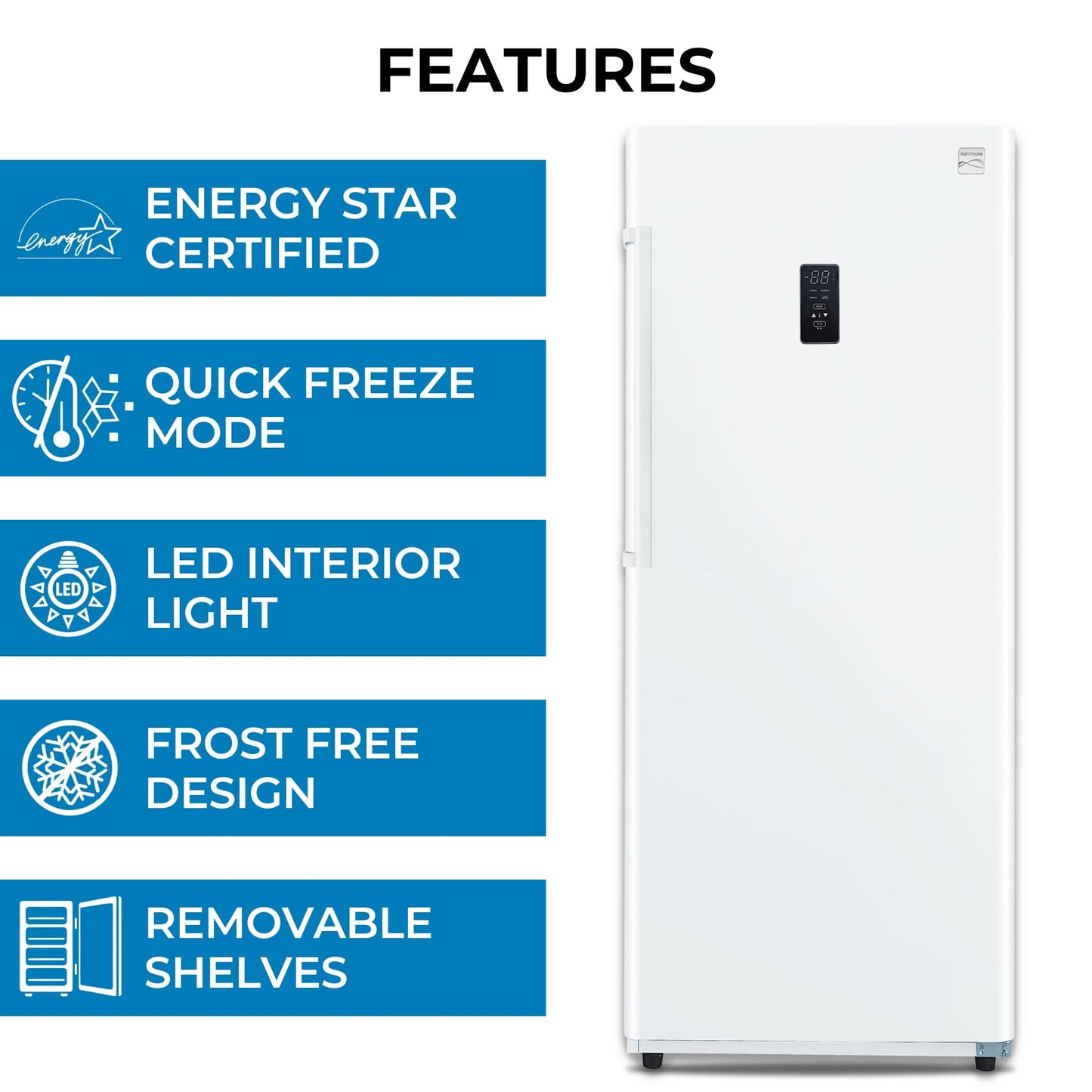 Kenmore 17.0 Cubic Feet Capacity Upright freezer - Convertible Refrigerator/Freezer, 4 Shelves, Garage Ready, Meat Storage, Auto Defrost, Congelador For Home, Apartment, Basement, Dorm,White