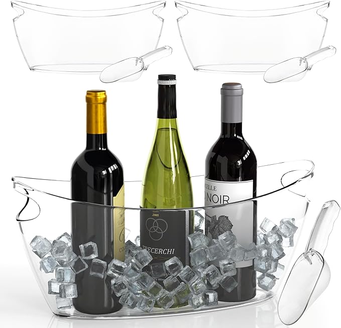 Clear Ice Buckets for Parties 3 Pack, 5.5L Clear Beverage Tub w/Handles & Scoops, Drink Buckets for Parties, Acrylic Bever...