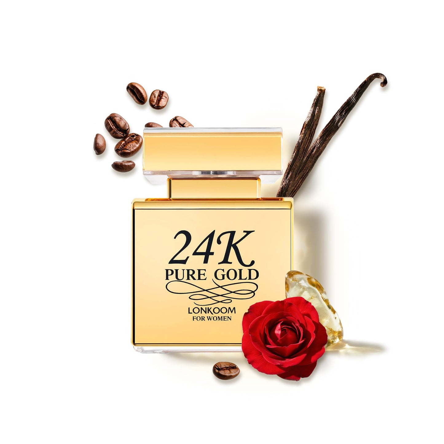 Lonkoom 24K Pure Gold Perfume for Women, Sweet Vanilla Perfumes Long Lasting Fragrance Eau de Parfum Praline Amber Fruity Strawberry Rose Musk Chocolate Notes, 3.4 Fl Oz