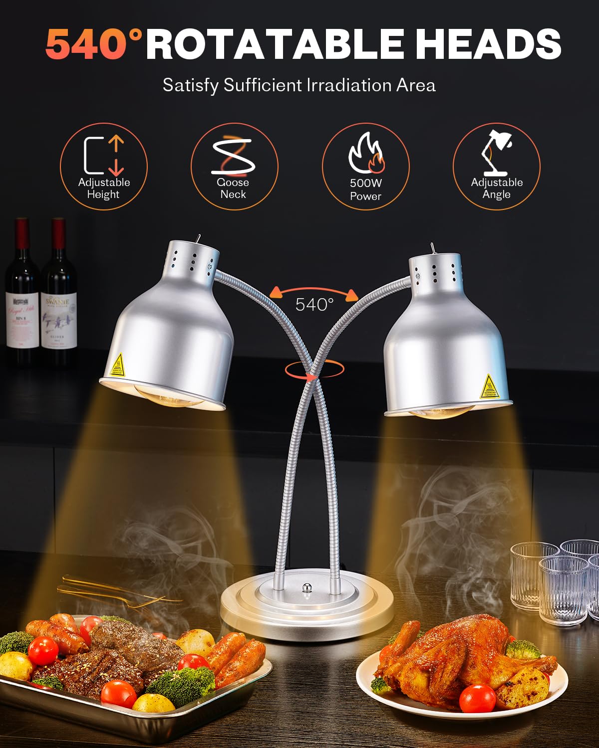 Food Heat Lamp: [Rapid-Heating Bulbs Included] [Steady Heating] Commercial Food Warmer Lamp, Electric Heat Lamp for Food Catering Food Warming Lamp for Buffet Parties (Painted Silver, 32" (2-Head))