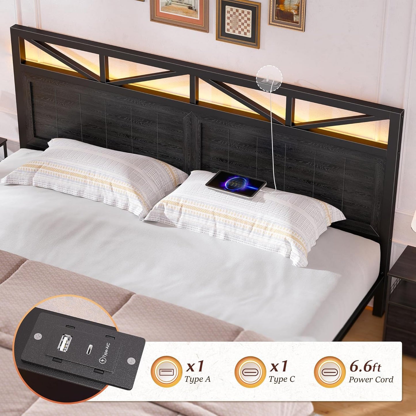 EnHomee Full Size Bed Frame with 2 Storage Drawers and Headboard Built in Charging Station & LED Light,NO Noise,No Box Spring Needed,Black