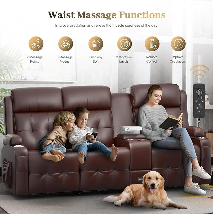 Aotolo Recliner Sofa, Massage Reclining Sofa 3 Seater Sets Heavy Weight Capacity, RV Loveseat Couch Clearance with Console, USB, Type C Port, Storage, Cup Holders, Wall Hugger Chair for Living Room