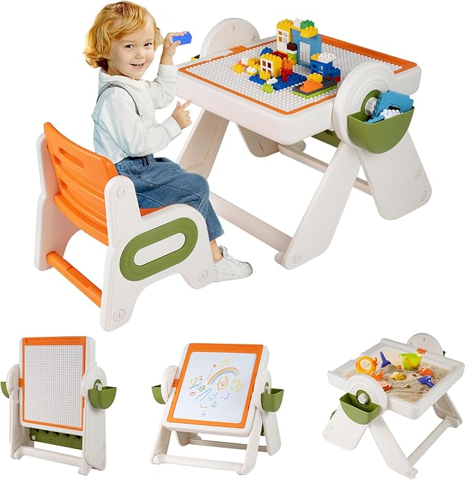 Costzon 6-in-1 Kids Table and Chair, Folding Height-Adjustable Art Easel w/Reversible Building Block Tabletop & Whiteboar...