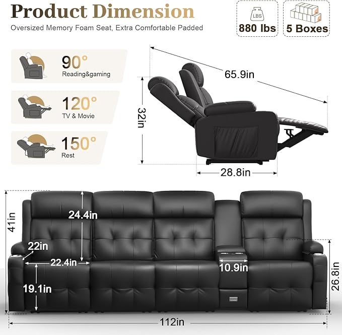 Aotolo Recliner Sofa, Massage Reclining Sofa 4 Seater Sets Heavy Weight Capacity, RV Loveseat Couch Clearance with Console, USB, Type C Port, Storage, Cup Holders, Wall Hugger Chair for Living Room