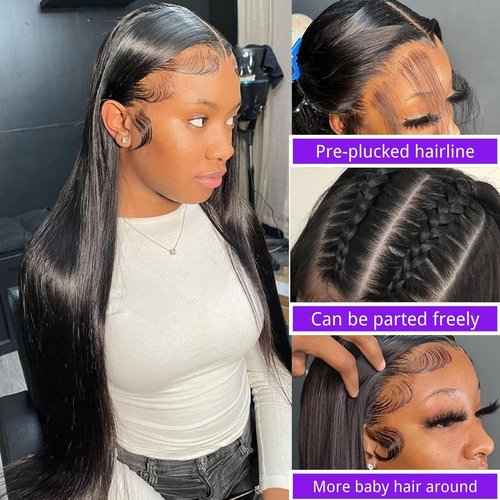 7senwid Straight Lace Front Wigs Human Hair Wigs For Black Women Straight Black Wig13x4 Lace Frontal Glueless Wigs Human Hair Pre Plucked Pre Cut With Baby Hair （18 Inch,130% Density
