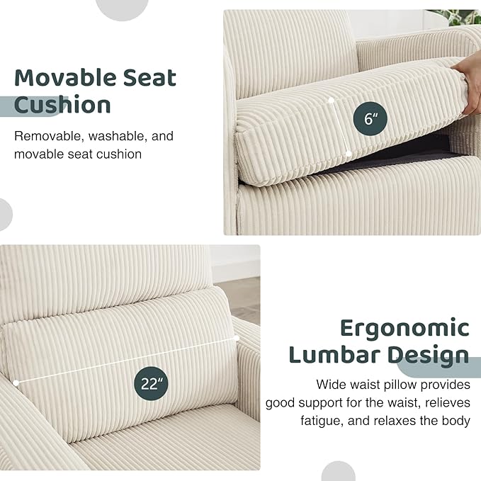 AEMEIOS Swivel Rocker Recliner, Oversized Power Recliner Glider with Removable Cushion, Upholstered Swivel Reclining Nursery Chairs for Living Room Bedroom, Corduroy White