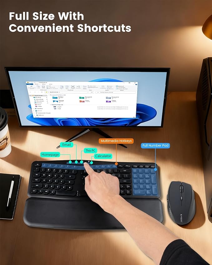 XUANGUI Silent Wireless Keyboard and Mouse Combo Ergonomic with Magnetic Wrist Rest, Cordless Full Size Split Key Board and 4800 DPI Quiet Mice for PC Laptop Tablet, Office and Home Ergo Soft Set