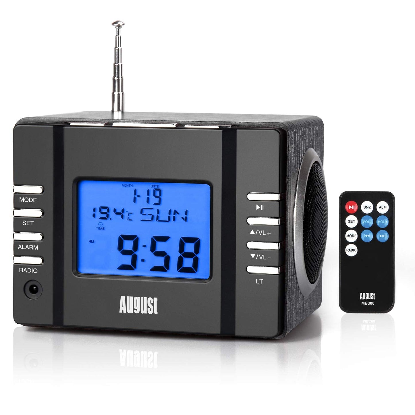 August Mb300 Mini Wooden Mp3 Stereo System And Fm Clock Radio, With Card Reader, Usb Port & Aux Jack (3.5Mm Audio In), 2 X 3W Po