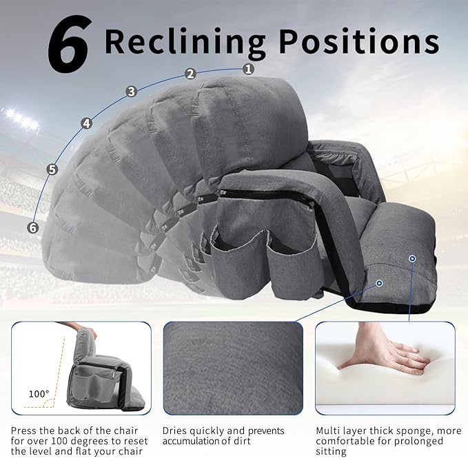 Stadium Seats with Back Support,Wide Stadium Chairs with Back and Cushion, Sofa Style Stadium Seats, 6 Reclining Positions, Extra Thick Bleacher Seat for Sports Events (Grey-2 Pack, Wide|22.5")