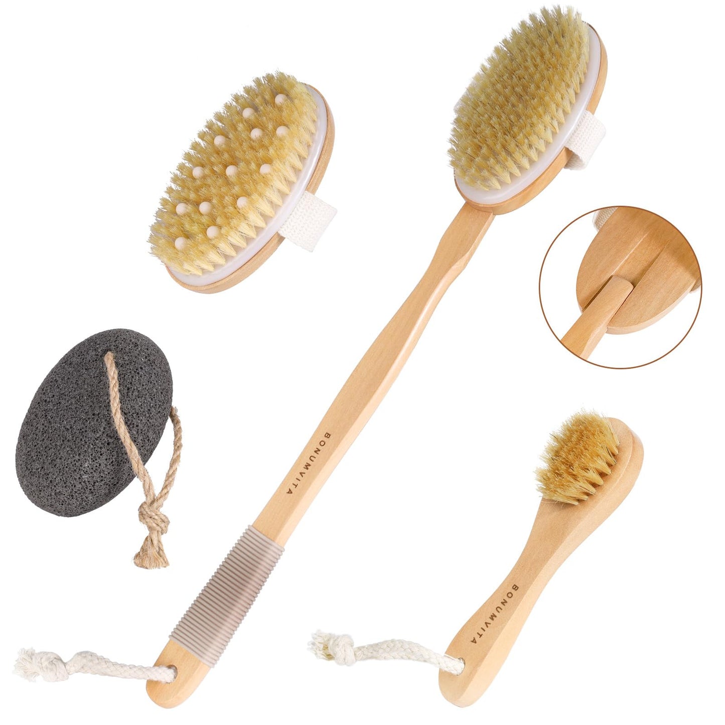 BONUMVITA Dry Brushing Body Brush Set- Wooden Long Handle Body Brush Set with Pumice Stone & Face Brush, Boar Bristle Body Bath