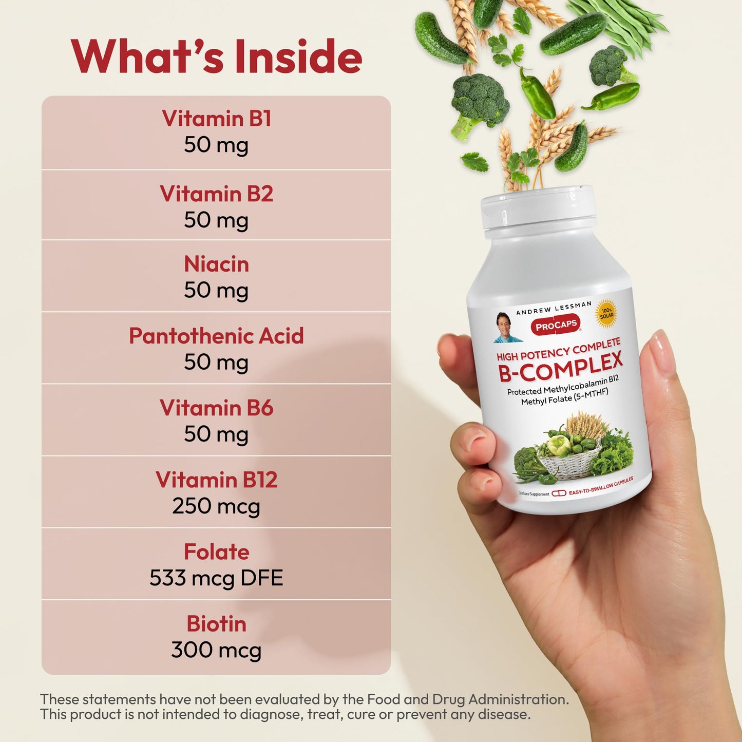 ANDREW LESSMAN High Potency B-Complex 60 Capsules - with High Levels of Folate Complex and Biotin, Promotes Cellular Growth, Energy, Immune Function, Detoxification, Fat Metabolism and More