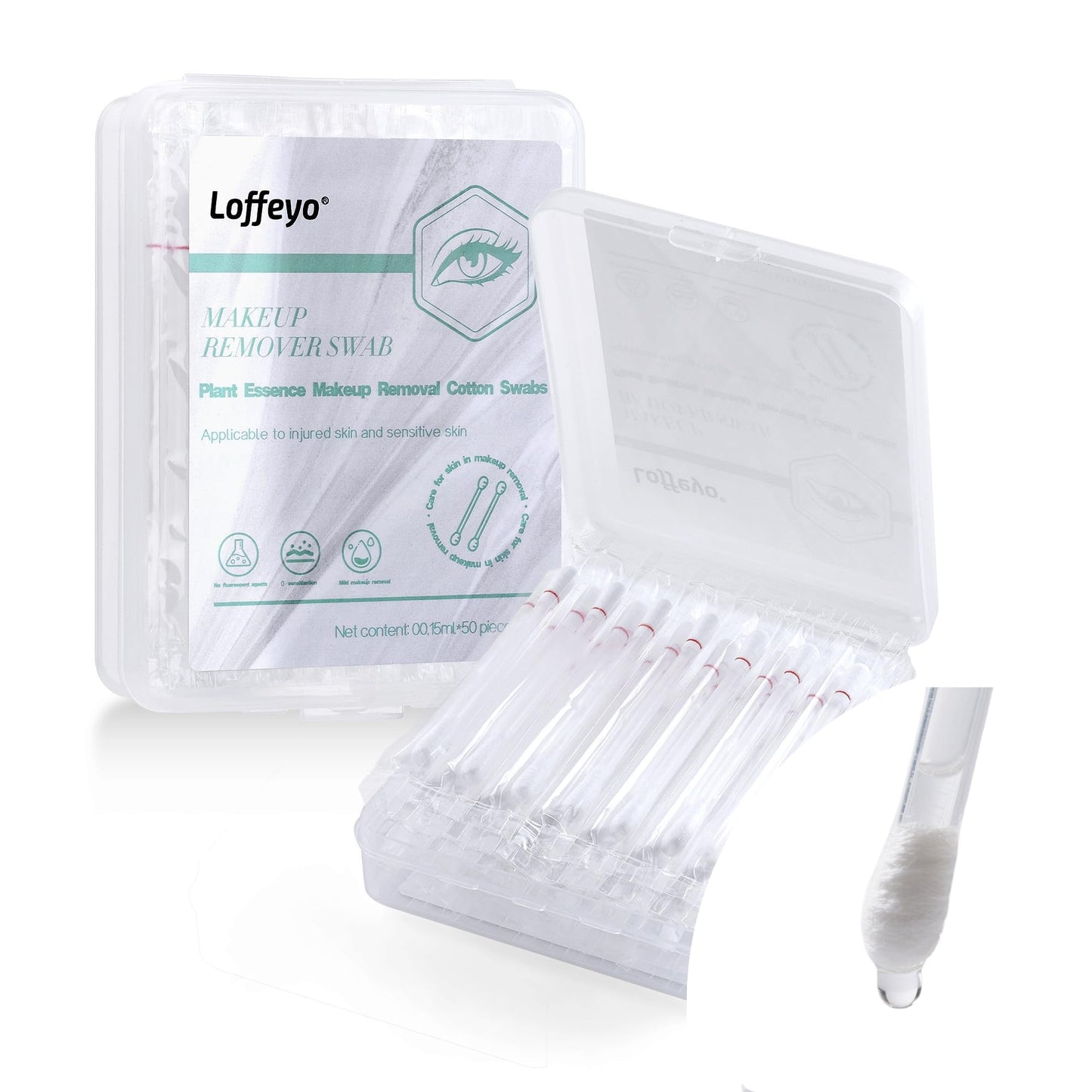Loffeyo 50 Count Makeup Remover Cotton Swabs, Eye & Lip Sticks remover With White Lily, Liquid-Filled Makeup Remover Swabs, Spac