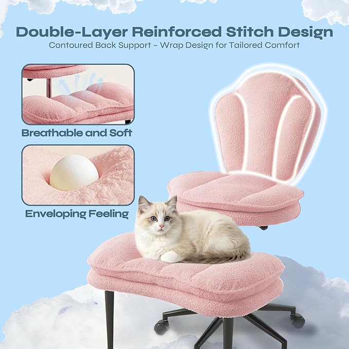 Ergonomic Cross Legged Office Chair for ADHD, Kneeling Chair with 360° Swivel Wheels and Reversible Seating for Meditation, Adjustable Height and Seat Deapth, Teddy Fabric, Pink