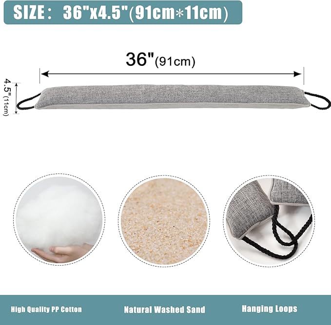 Marwood Under Door Draft Stopper 36 inch Wind Stopper for Door & Window, Weighted French Air Draft Stopper Front Door Snake Noise Blocker for Bottom of Door with Hanging Loops - Grey